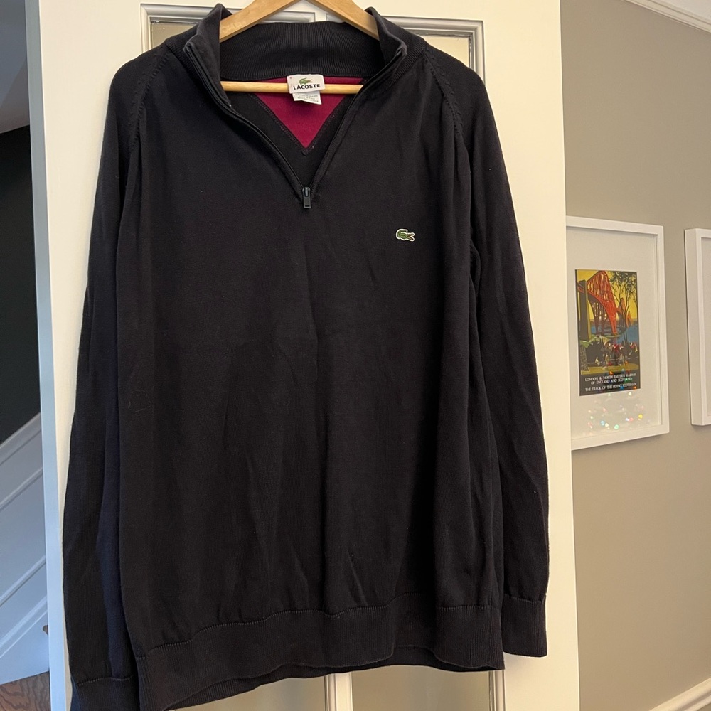 Lacoste Navy Blue Quarter Zip Mock Neck Pullover Cotton Sweater Men's Size 6 L